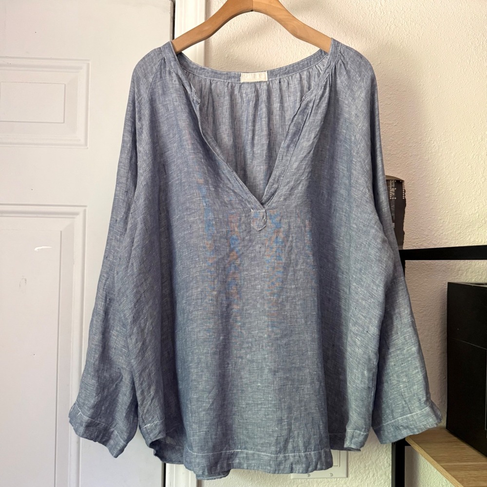 CP SHADES blue chambray linen popover oversized long sleeve cropped blouse shirt